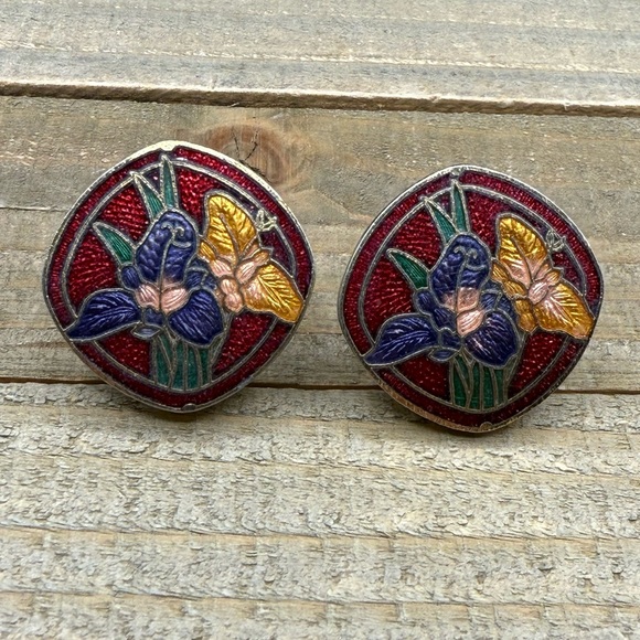 vintage cloisonné iris flower clip on earrings multi color pink purple and black - Picture 2 of 6